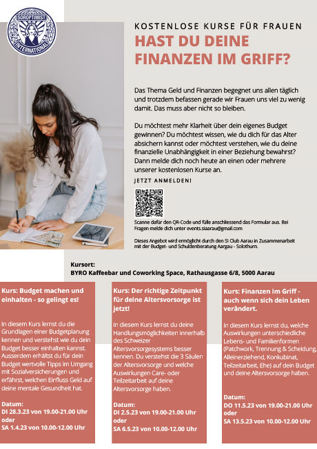 Haben Sie Ihre Finanzen im Griff? Kostenlose Kurse für Frauen – SI Club Aarau in Zusammenarbeit mit der Budget- und Schuldenberatung Aargau–Solothurn
